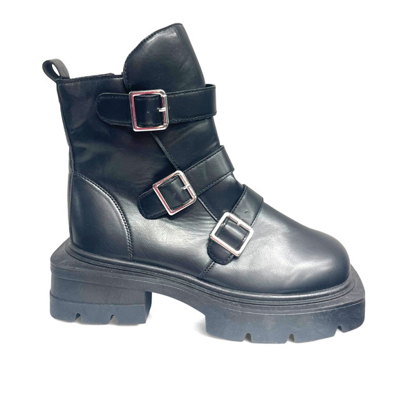 Rouge Helium Platform Combat Boots Black Sz 9 Punk Platform Goth Vegan Buckle - Picture 1 of 8